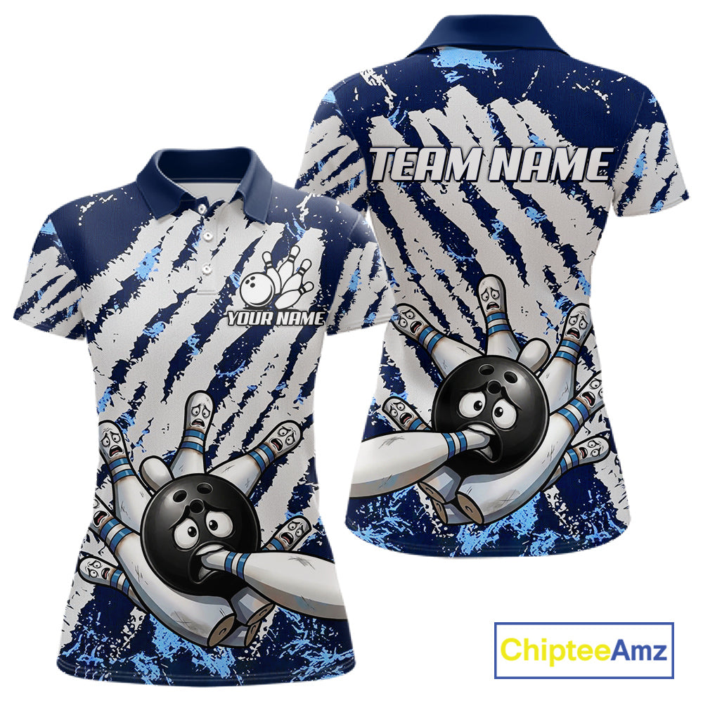 Blue and white grunge bowling ball and pins shirt for women custom bowling team jersey