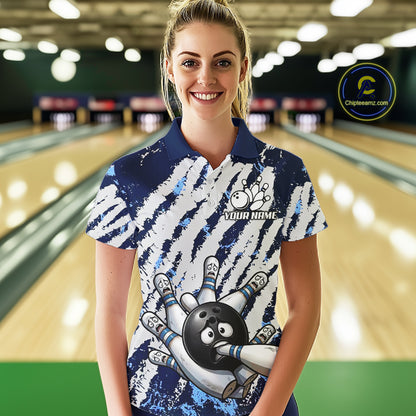Blue And White Grunge Funny Bowling Ball & Pins Shirts Custom Team Bowling Jerseys For Women NYN3445