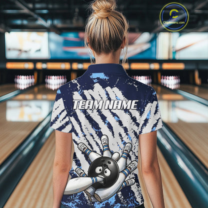 Blue And White Grunge Funny Bowling Ball & Pins Shirts Custom Team Bowling Jerseys For Women NYN3445