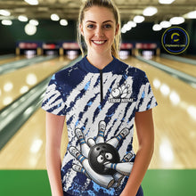 Load image into Gallery viewer, Blue And White Grunge Funny Bowling Ball &amp; Pins Shirts Custom Team Bowling Jerseys For Women NYN3445