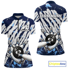 Load image into Gallery viewer, Blue and white grunge bowling ball and pins shirt for women custom bowling team jersey