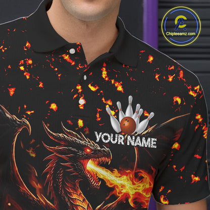 Fire Flame Dragon Bowling Polo Quarter Zip Shirts For Men Custom Team Bowling Jerseys | Red NYN3450