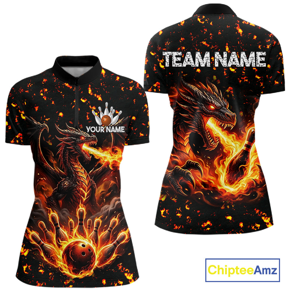 Fire flame dragon bowling polo quarter zip shirt for women red bowling team jersey