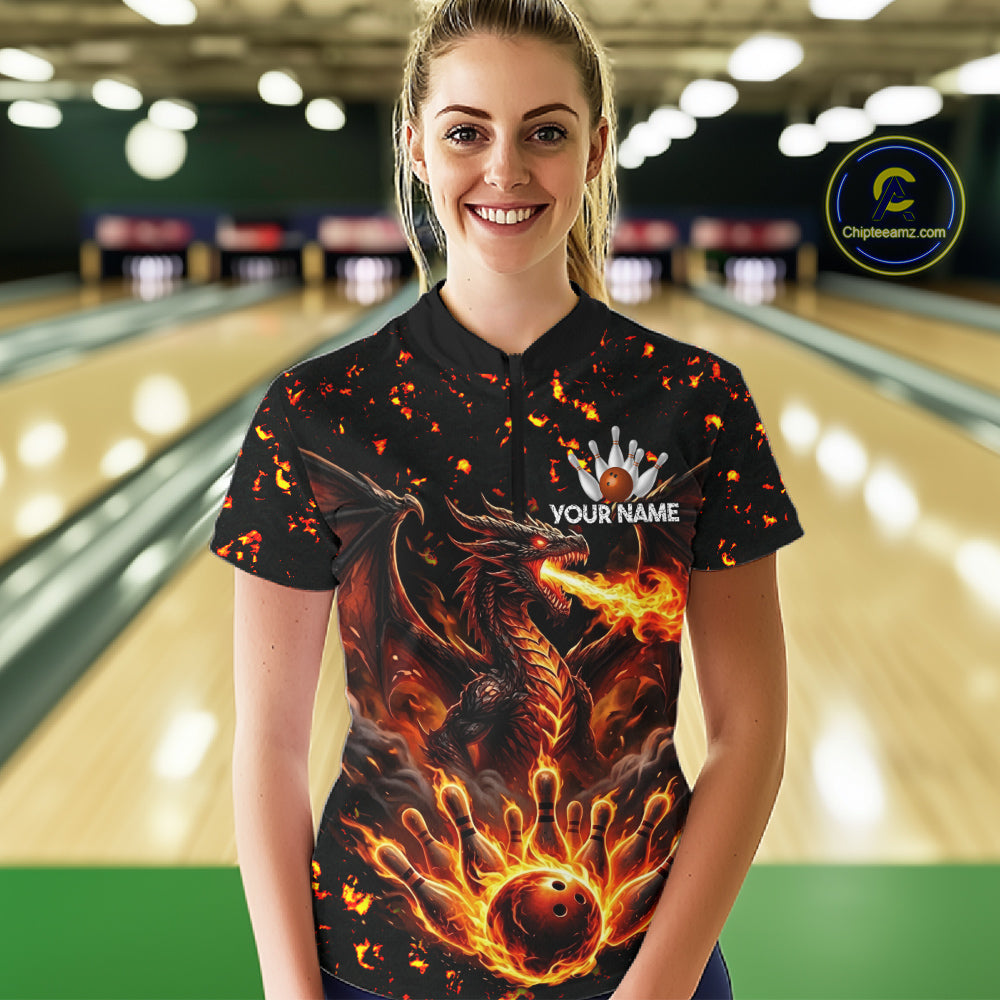 Fire Flame Dragon Bowling Polo Quarter Zip Shirts For Women Custom Team Bowling Jerseys | Red NYN3450