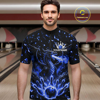 Fire Flame Dragon Bowling Polo Quarter Zip Shirts For Men Custom Team Bowling Jerseys | Blue NYN3451