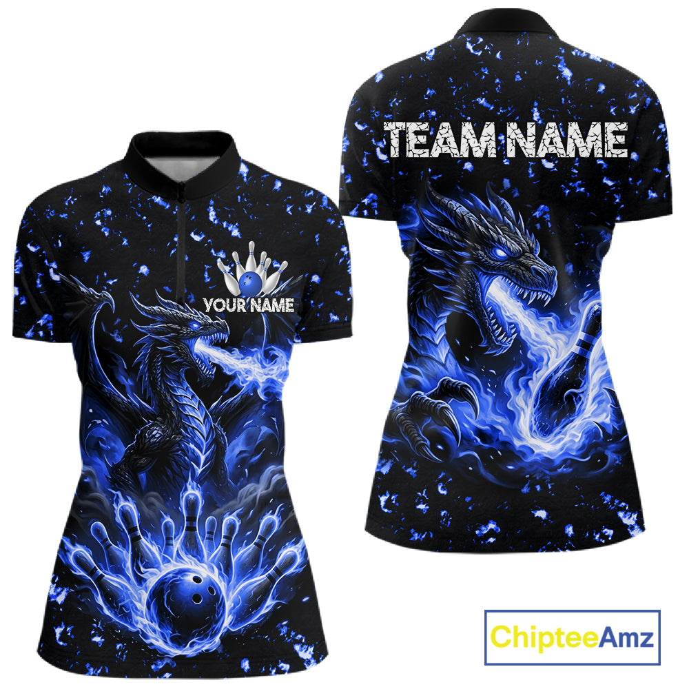 Fire flame dragon bowling polo quarter zip shirt for women blue bowling team jersey