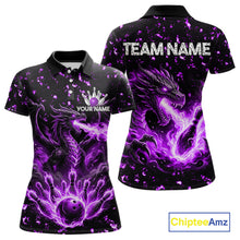 Load image into Gallery viewer, Fire flame dragon bowling polo quarter zip shirt for women purple bowling team jersey