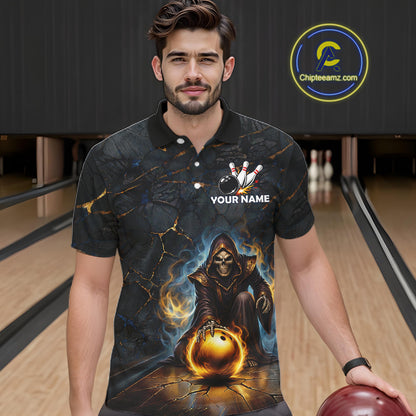 Flame Grim Reaper Custom Men Bowling Polo & Quarter-Zip Shirts Gold Bowling Ball League Jerseys NYN3011