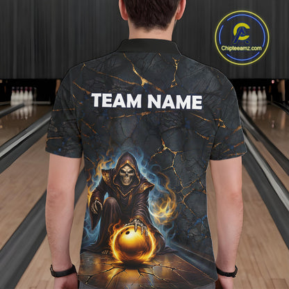 Flame Grim Reaper Custom Men Bowling Polo & Quarter-Zip Shirts Gold Bowling Ball League Jerseys NYN3011