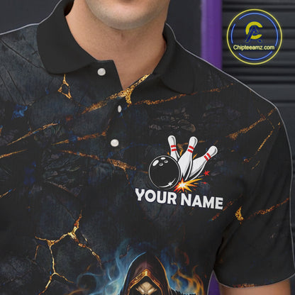 Flame Grim Reaper Custom Men Bowling Polo & Quarter-Zip Shirts Gold Bowling Ball League Jerseys NYN3011