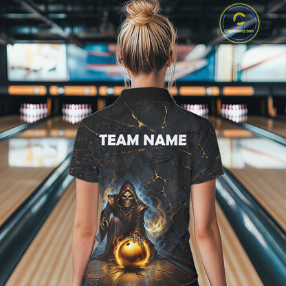 Flame Grim Reaper Custom Women Bowling Polo & Quarter-Zip Shirts Gold Bowling Ball League Jerseys NYN3011