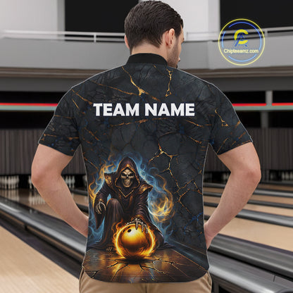 Flame Grim Reaper Custom Men Bowling Polo & Quarter-Zip Shirts Gold Bowling Ball League Jerseys NYN3011