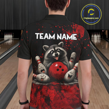 Red Splatter Cute Raccoon Men Bowling Shirts Custom Funny Bowling Pins Team Jerseys For Bowlers NYN3197