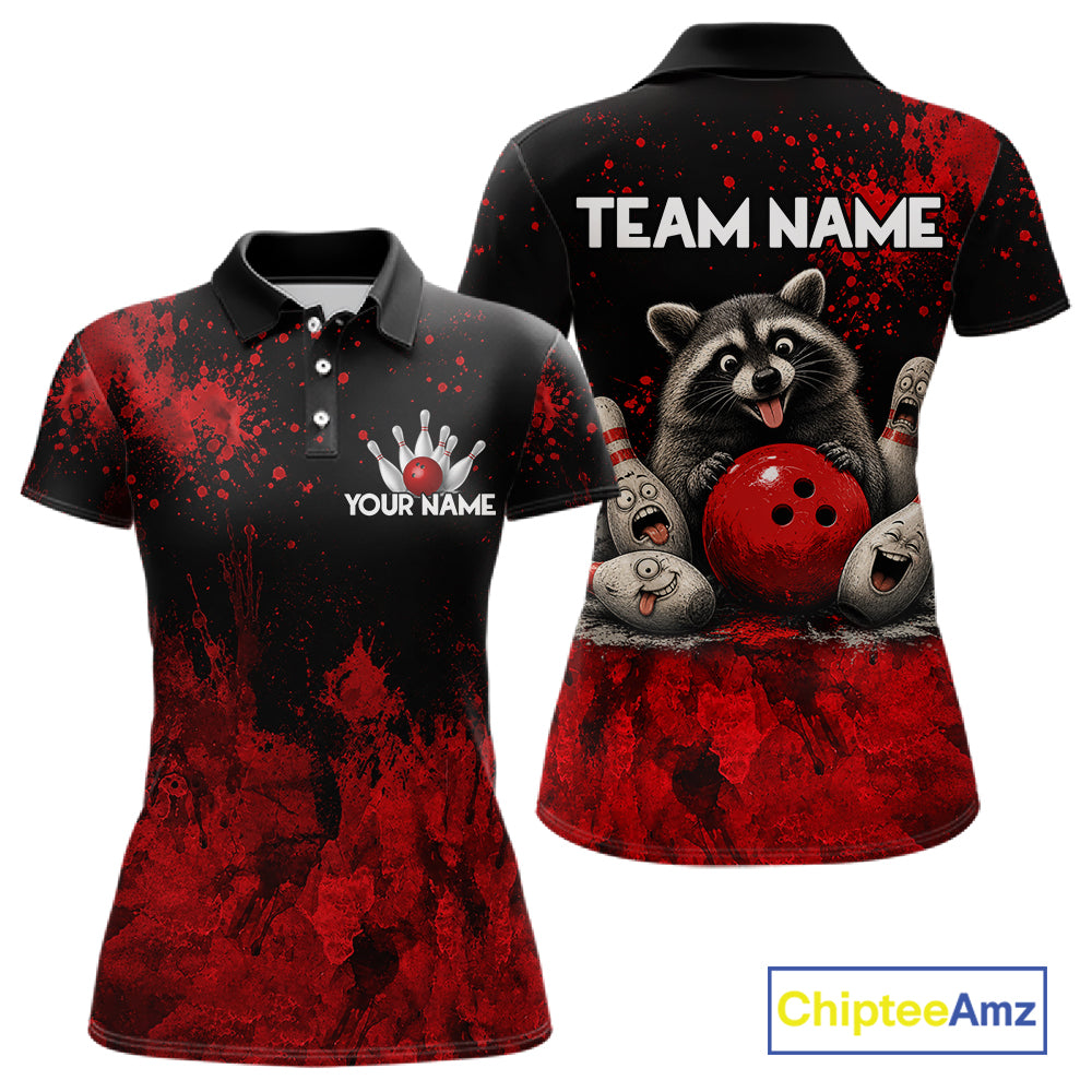 Red Splatter Cute Raccoon Women Bowling Shirts Custom Funny Bowling Pins Team Jerseys For Bowlers NYN3197