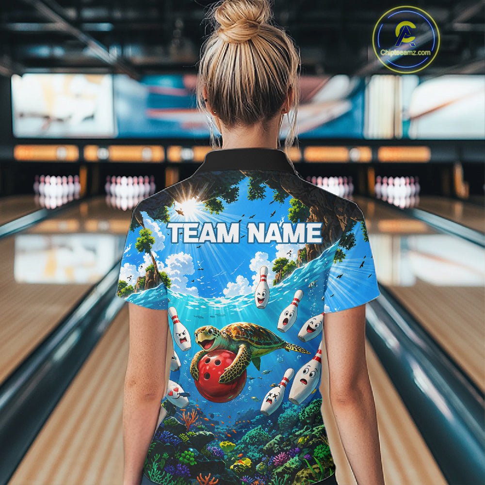 Woman wearing ocean turtle bowling shirt custom bowling apparel