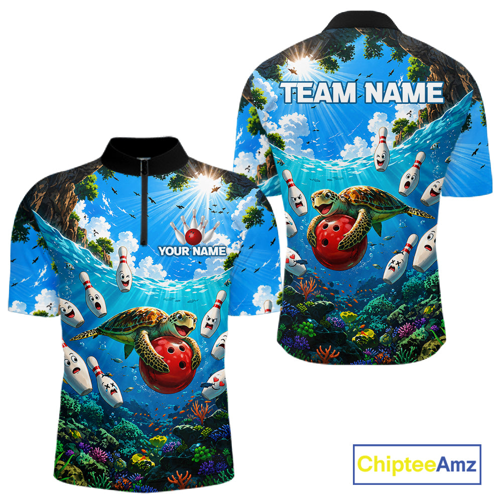 Funny ocean turtle quarter zip bowling shirt for men custom bowling jersey mockup
