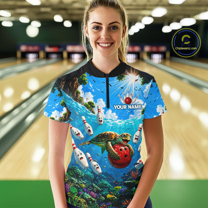 Woman wearing ocean turtle bowling shirt custom bowling apparel