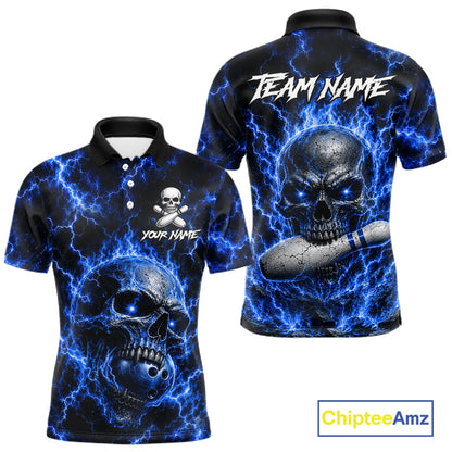 Men's blue skull thunder lightning bowling polo shirt custom bowling jersey mockup