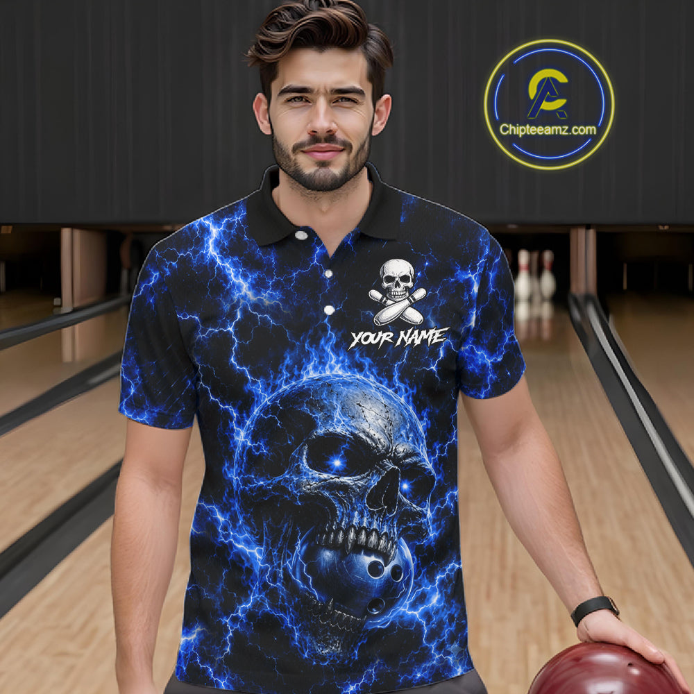 Man wearing blue skull thunder lightning bowling shirt custom bowling apparel