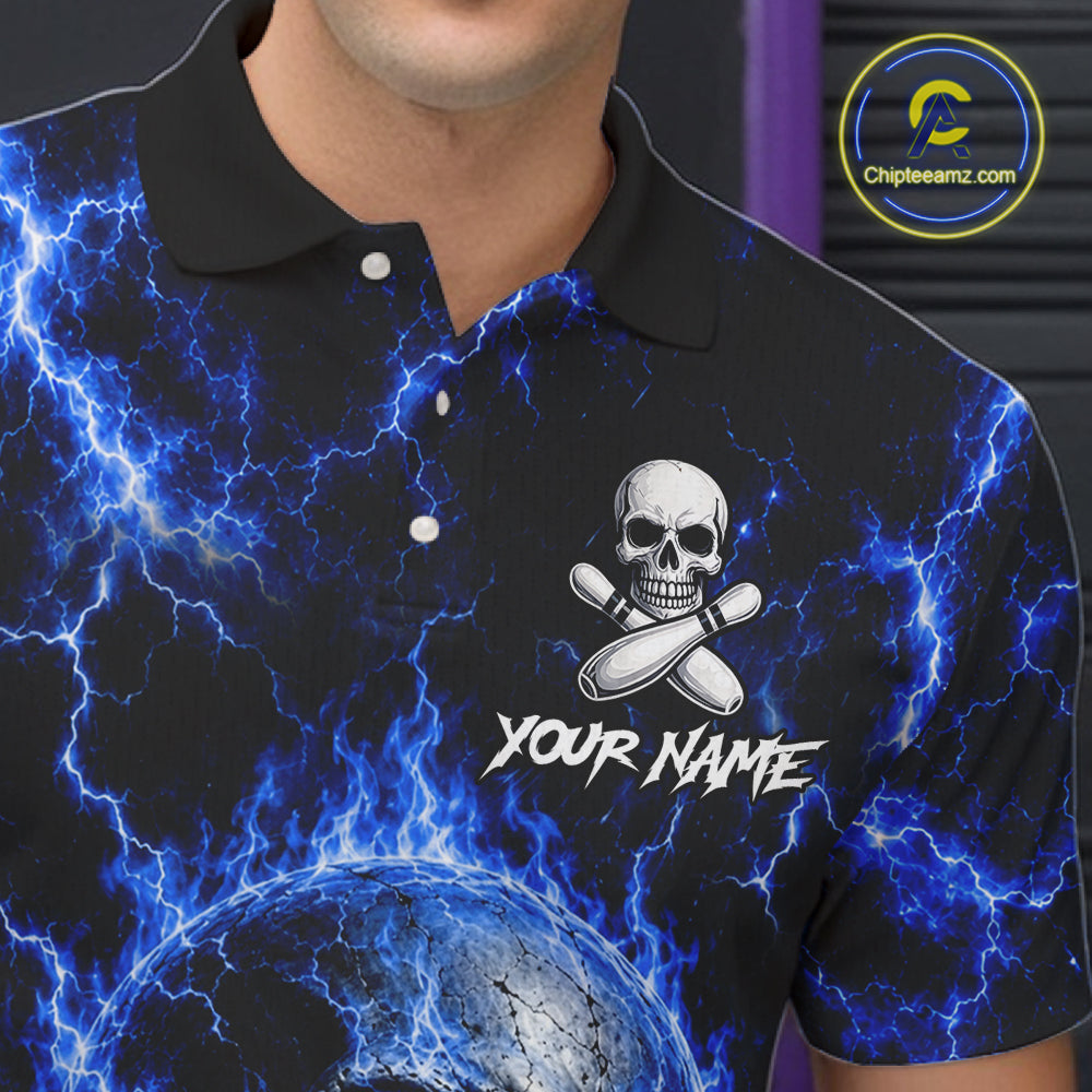 Man wearing blue skull thunder lightning bowling shirt custom bowling apparel