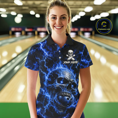 Woman wearing blue skull thunder lightning bowling shirt custom bowling apparel