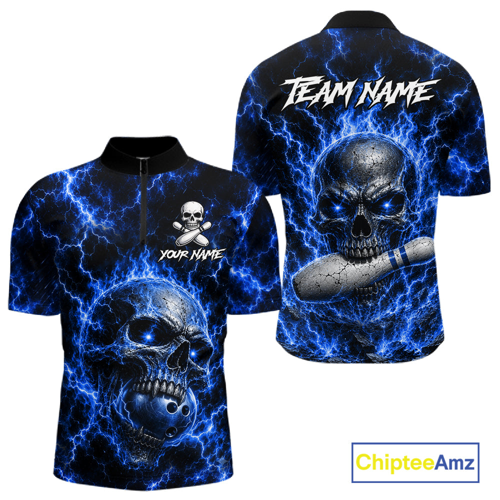 Men's blue skull quarter zip bowling shirt custom bowling jersey mockup