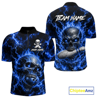 Men's blue skull quarter zip bowling shirt custom bowling jersey mockup