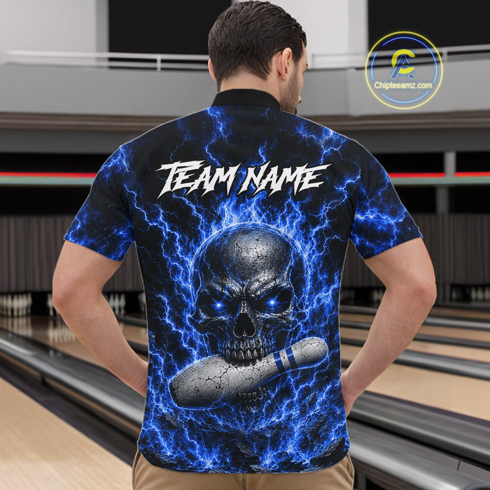 Man wearing blue skull thunder lightning bowling shirt custom bowling apparel