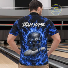 Load image into Gallery viewer, Man wearing blue skull thunder lightning bowling shirt custom bowling apparel