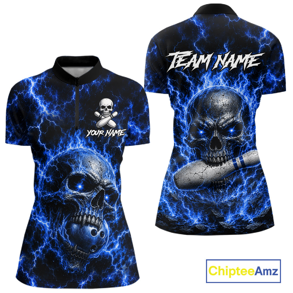 Women's blue skull quarter zip bowling shirt custom bowling jersey mockup