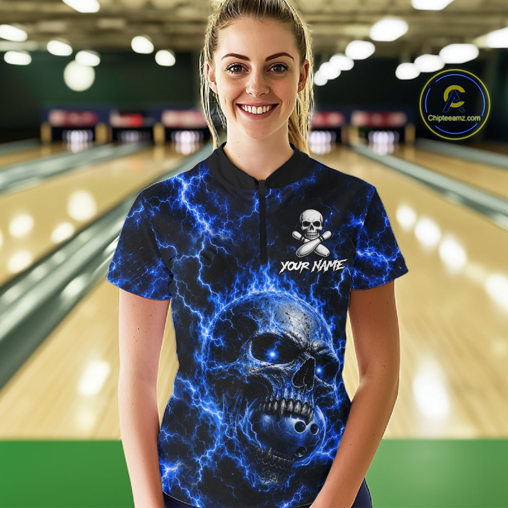 Woman wearing blue skull thunder lightning bowling shirt custom bowling apparel
