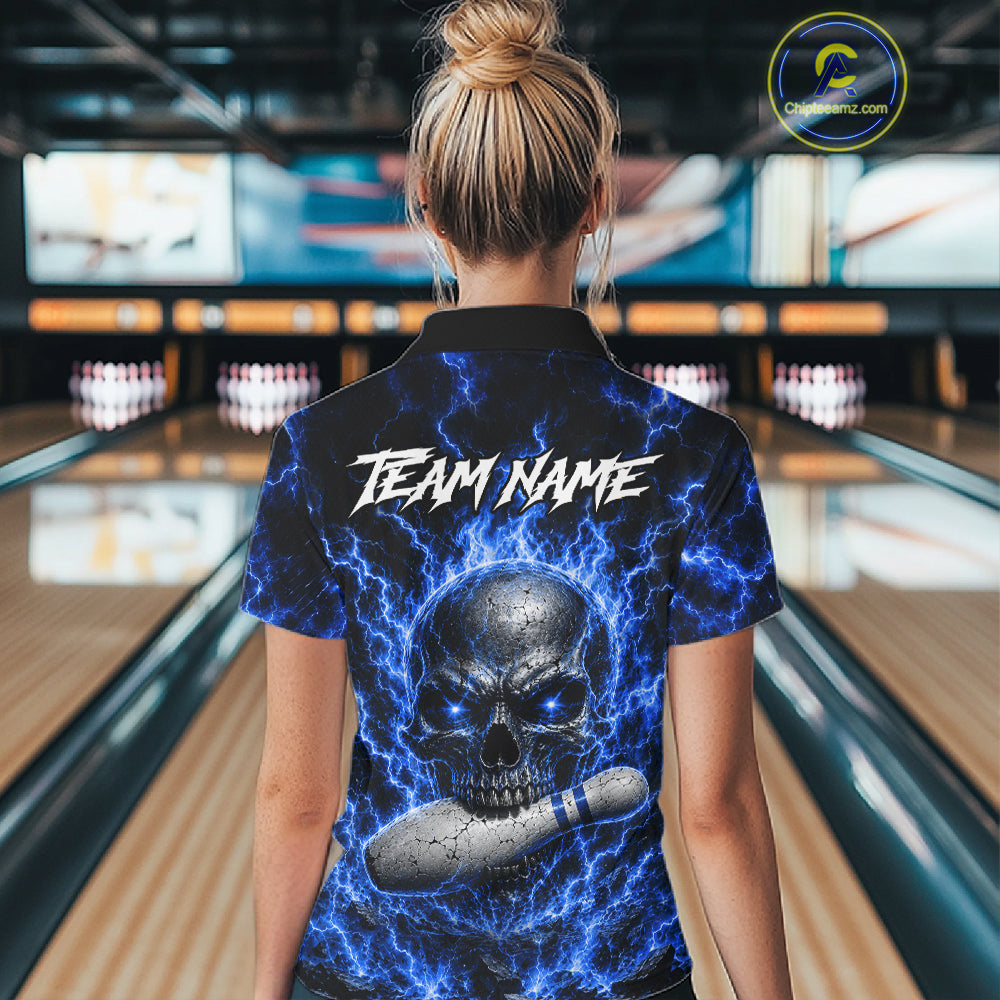 Woman wearing blue skull thunder lightning bowling shirt custom bowling apparel