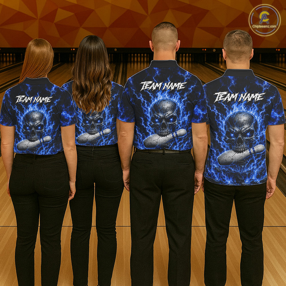 Blue skull thunder lightning bowling team shirts custom bowling jerseys