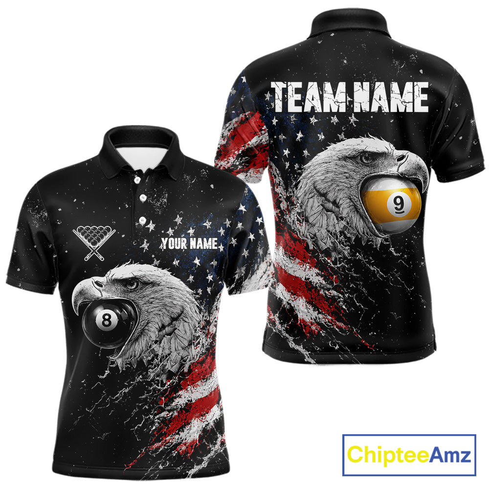 Custom US Flag Eagle men's 8 Ball & 9 Ball billiard polo featuring patriotic eagle artwork, personalized pool tournament jersey, APA league cue sports apparel, championship team uniform, breathable performance sportswear