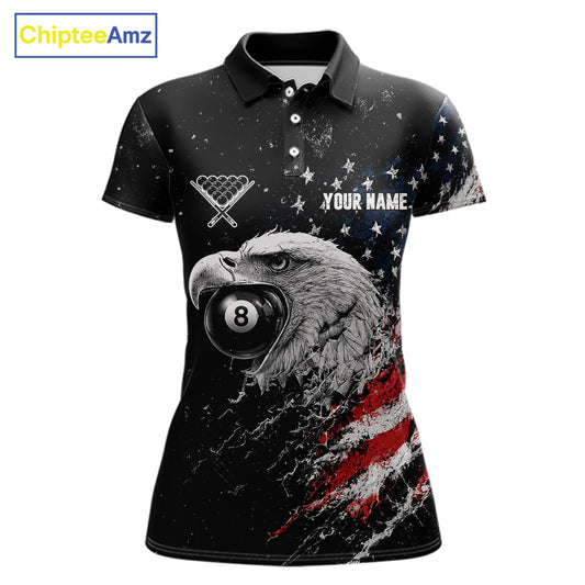 Custom US Flag Eagle women's 8 Ball & 9 Ball billiard polo featuring patriotic American flag, soaring eagle and cue ball graphics, personalized pool team jersey, league apparel, cue sports performance shirt, veterans tournament uniform, moisture-wicking athletic polo