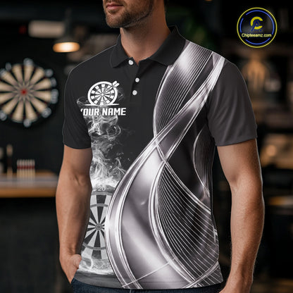 Black And Silver Darts Polo Shirts For Men Custom White Smoke Dartboard Dart Team Jerseys NYN2446