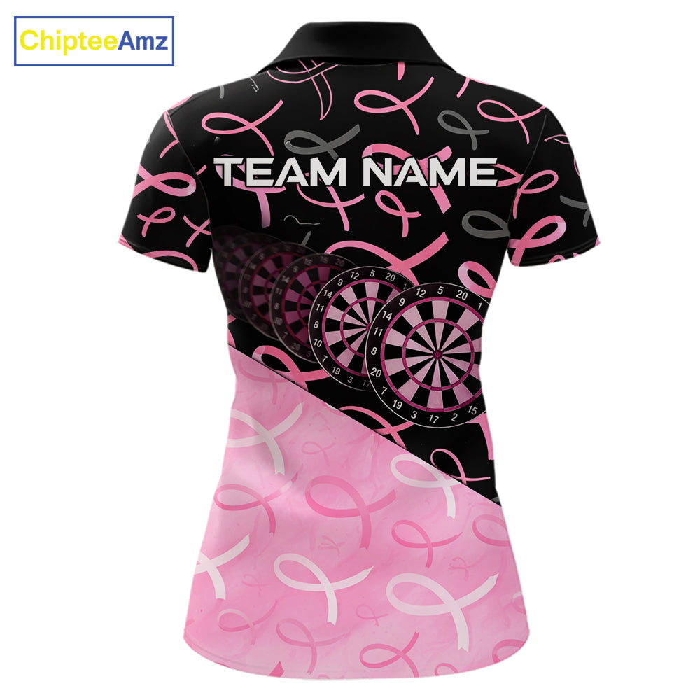 Pink Black Ribbon Blur Dartboard Custom Breast Cancer Awareness Dart Polo Team Shirt For Women NYN2450