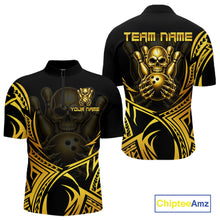 Load image into Gallery viewer, Mens Skull Bowling Shirts Gold Tribal Pattern Custom Skull Bowling Polo Quarter-Zip Team Jersey NYN3755