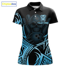 Load image into Gallery viewer, Womens Skull Bowling Shirts Blue Tribal Pattern Custom Skull Bowling Polo Quarter-Zip Team Jersey NYN3756