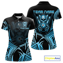 Load image into Gallery viewer, Womens Skull Bowling Shirts Blue Tribal Pattern Custom Skull Bowling Polo Quarter-Zip Team Jersey NYN3756