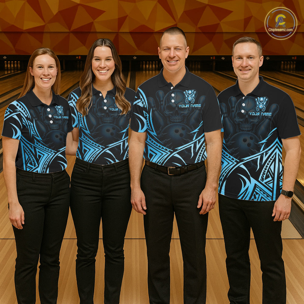 Mens Skull Bowling Shirts Blue Tribal Pattern Custom Skull Bowling Polo Quarter-Zip Team Jersey NYN3756