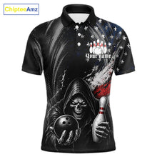 Load image into Gallery viewer, Custom Grim Reaper Patriotic Bowling Shirts Mens American Flag Bowling Polo Quarter-Zip Team Jersey NYN3760