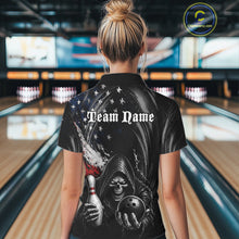 Load image into Gallery viewer, Custom Grim Reaper Patriotic Bowling Shirts Womens American Flag Bowling Polo Quarter-Zip Team Jersey NYN3760
