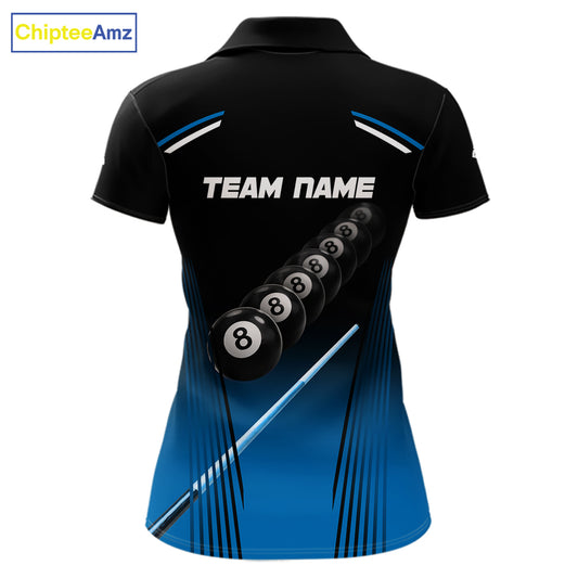 Black & Blue Billiard Ball Cue Pool Women Polo & 1/4-Zip Shirt Custom 8 Ball 3D Billiards Attire NYN2455