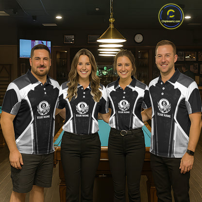 White And Black Billiard Pool Men Polo & 1/4-Zip Team Shirts Custom 8 Ball Billiards Cue Attire NYN2458
