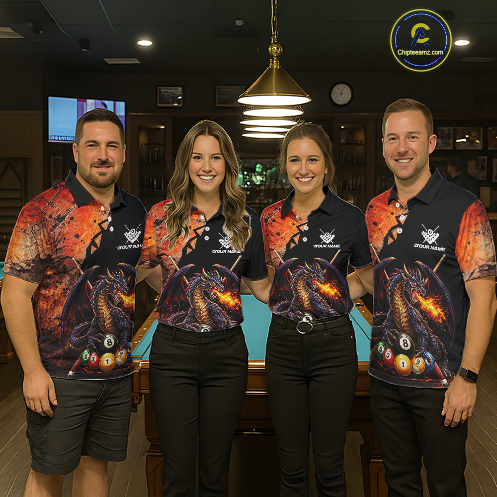 Orange Grunge Dragon Flame 8 Ball Pool Billiard Shirt For Men Custom Billiards Team Attire NYN3046