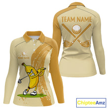 Load image into Gallery viewer, Women's golf polo mockup featuring playful banana graphics, personalized golf apparel for women's golf leagues, golf clubs and vacation golf events.