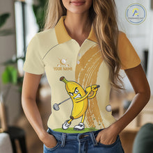 Load image into Gallery viewer, Female golfer wearing banana golf polo during golf tournament, lightweight breathable golf apparel for golf vacations and country clubs.