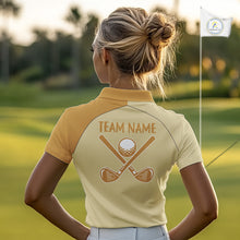 Load image into Gallery viewer, Female golfer wearing banana golf polo during golf tournament, lightweight breathable golf apparel for golf vacations and country clubs.