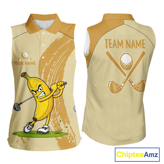 Women's Banana golf artwork on sleeveless polo mockup, funny personalized golf apparel for golf tournaments, golf outings and golf vacations. Perfect for banana lovers, food lovers, comedy fans, tropical travelers.